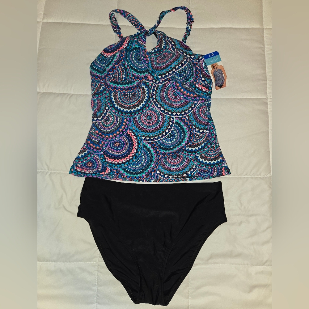 Christina Blue and Pink Patterned Tankini and Black Bottom Size Large NWT